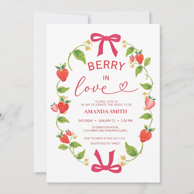 Summer Berry In Love Red Bow Bridal Shower Invitation (Front)