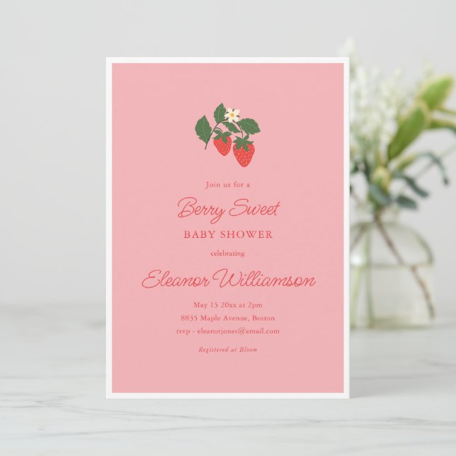 Summer Berry Sweet Strawberry Pink Baby Shower Invitation (Standing Front)