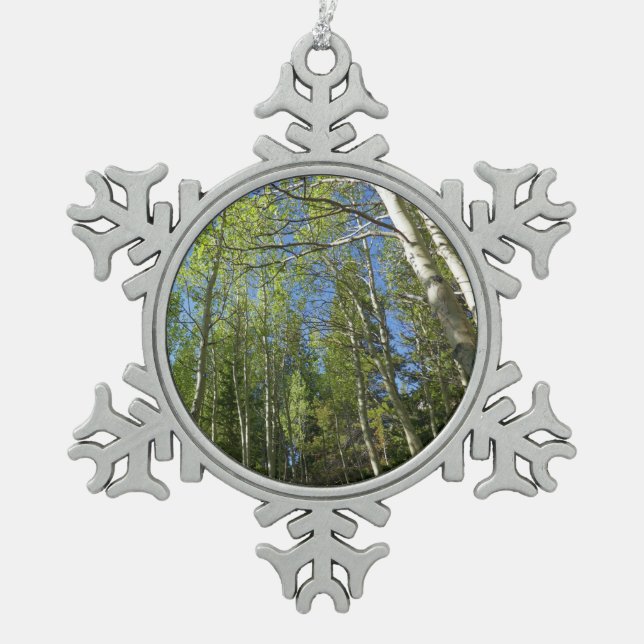 Summer Birch Trees at Rocky Mountain Snowflake Pewter Christmas Ornament (Front)