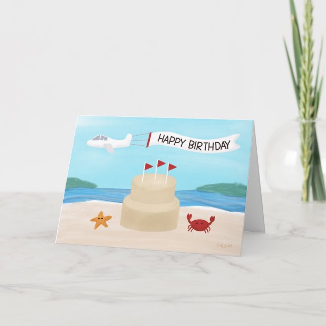 Summer Birthday Beach Sand Castle Cake Card (Front)