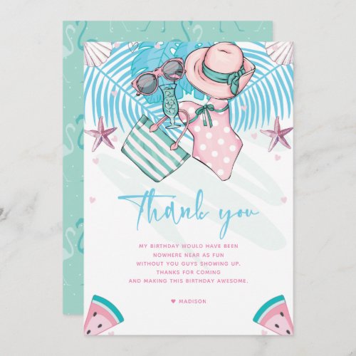 Summer Birthday Party Cute Pink Turquoise  Thank You Card