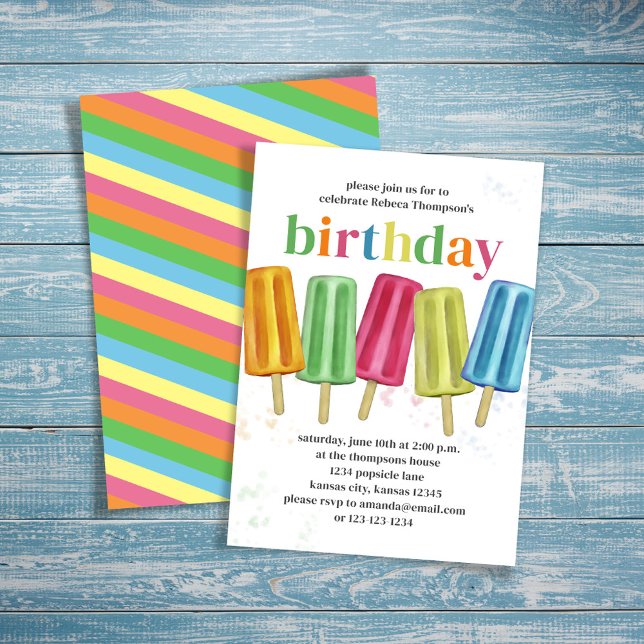 Summer Birthday Party Cute Popsicles Invitation (Birthday cute colorful popsicle theme invitation. )