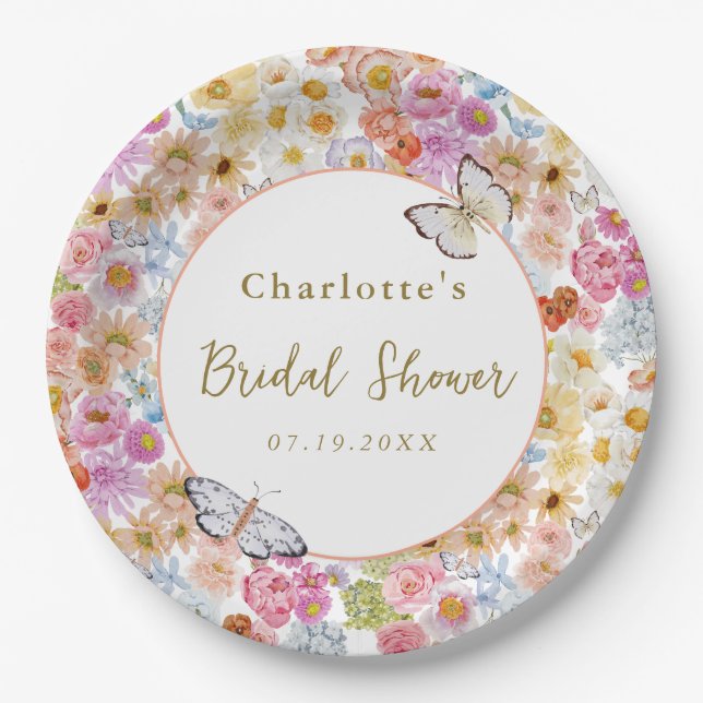 Summer Bloom Floral Butterfly Bridal Shower Custom Paper Plates (Front)