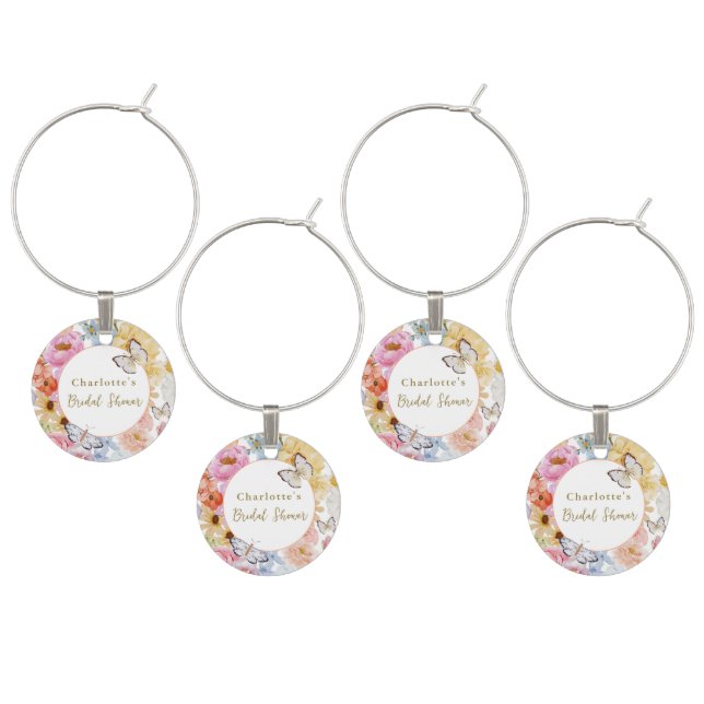 Summer Bloom Floral Butterfly Bridal Shower Custom Wine Charm (Staggered)