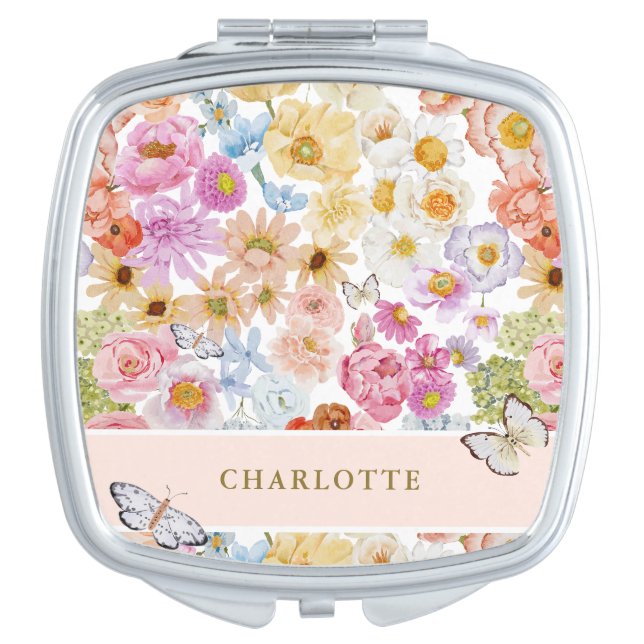 Summer Bloom Floral Butterfly Personalized Compact Mirror (Front)