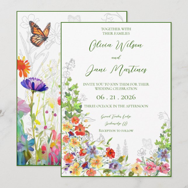 Summer Blooms and Butterflies Wedding Invitation (Front/Back)