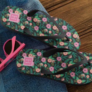 Summer Blooms Pink Floral Monogram Flip Flops