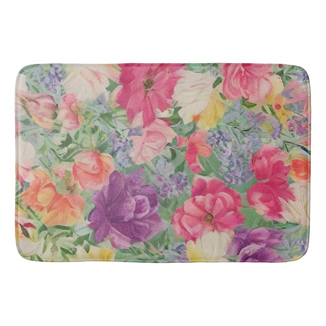 Summer Blooms Watercolor Flower Collage Bath Mat (Front)