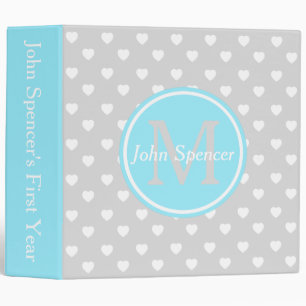 Summer Blue and Light Grey Hearts Monogram 3 Ring Binder