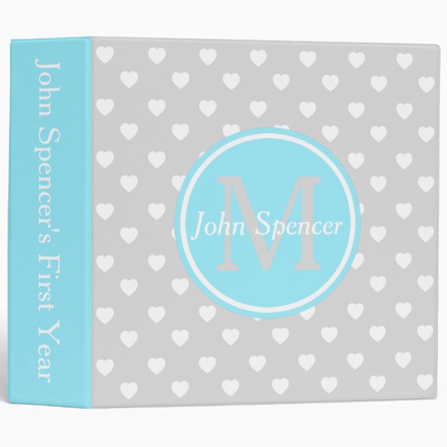 Summer Blue and Light Grey Hearts Monogram 3 Ring Binder (Front/Spine)