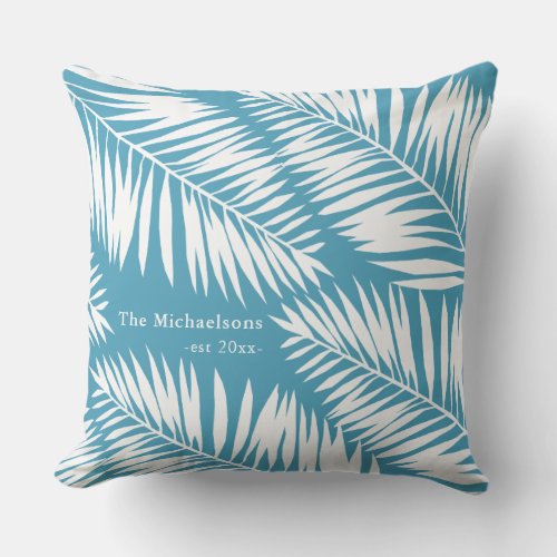Summer Blue and White Palms with Name and Year Outdoor Pillow