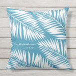 Summer Blue and White Palms with Name and Year Outdoor Pillow<br><div class="desc">This chic summer design features white palm leaves on a pretty aqua blue background,  and includes your family name and est year.</div>