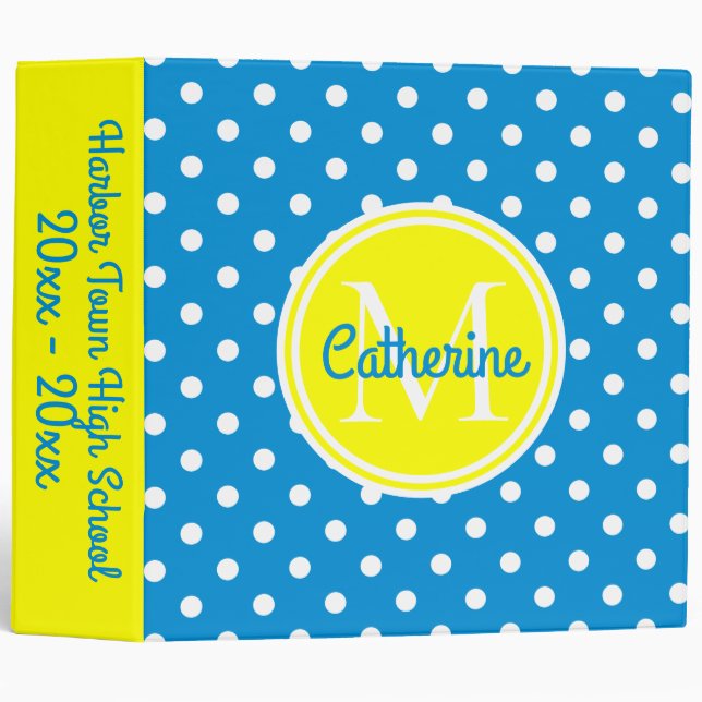 Summer Blue and White Polka Dot Monogram 3 Ring Binder (Front/Spine)