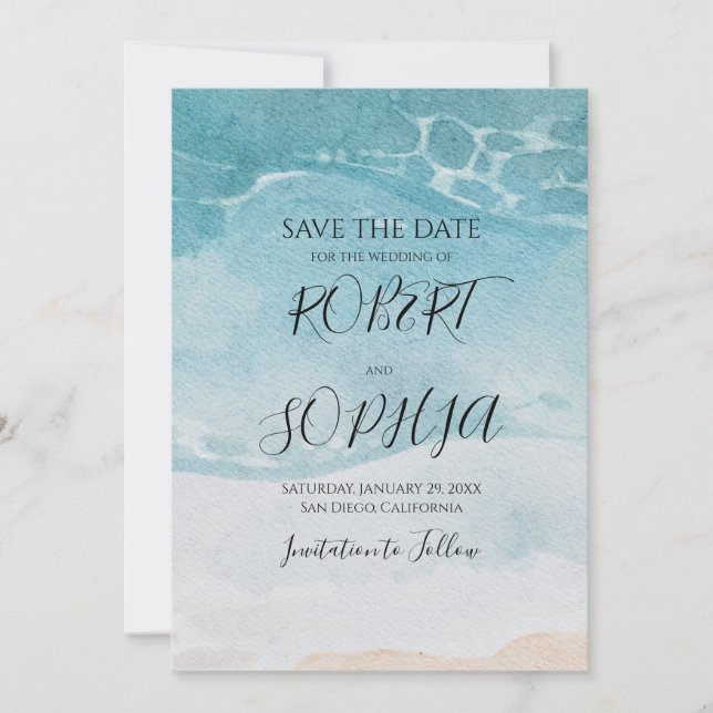 Summer Blue Beach Wedding Save The Date (Front)