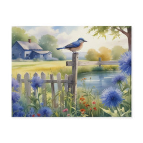 Summer Blue Bird Nature House Postcard Watercolor