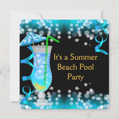 Summer Blue Cocktail Beach Pool Party Invitation