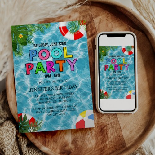 Summer Blue Cool Pool Party  Swimming Birthday Invitation