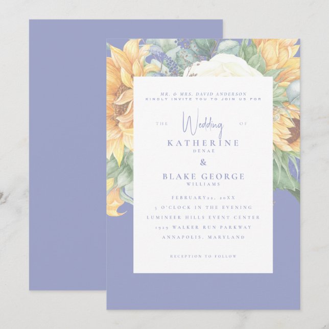 Summer Blue Elegant Sunflower Tuscan Wedding  Invitation (Front/Back)