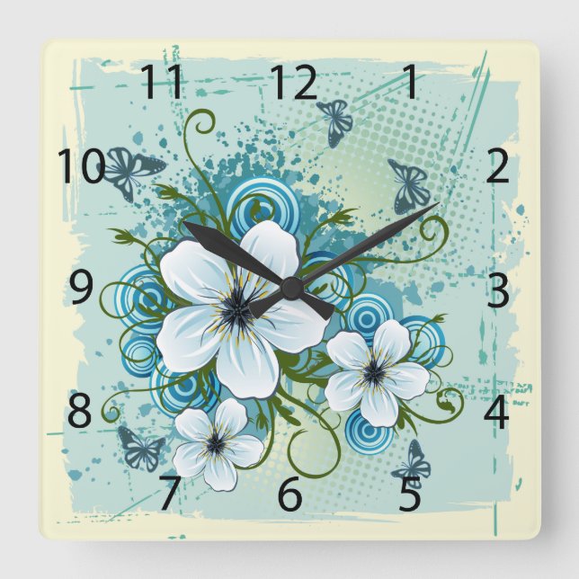 Summer Blue Floral & Butterflies Square Wall Clock (Front)