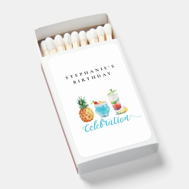 Summer Blue Fruit Cocktails Birthday Party Matchboxes (Front Open)