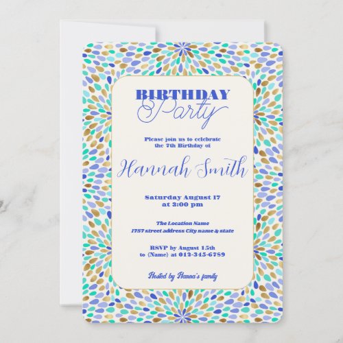 Summer Blue Gold Flower Burst  Invitation