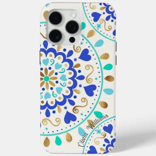 Summer Blue Gold Heart Mandala iPhone 15 Pro Max Case