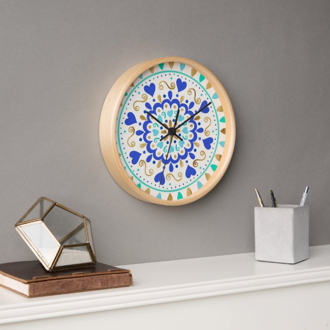 Summer Blue Gold Heart Mandala Clock (Office)