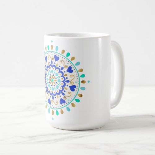 Summer Blue Gold Heart Mandala Coffee Mug