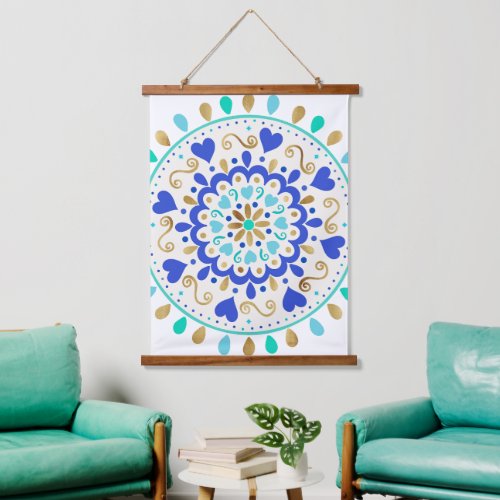 Summer Blue Gold Heart Mandala Hanging Tapestry