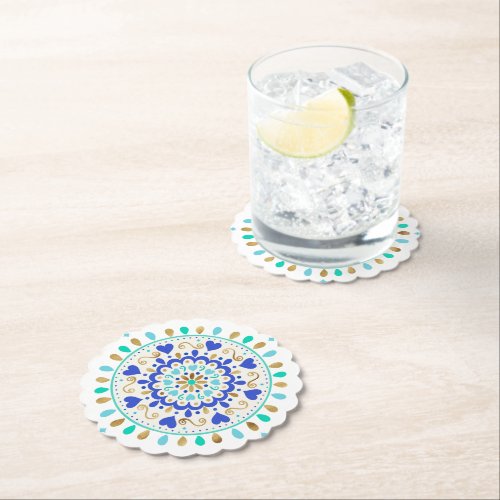 Summer Blue Gold Heart Mandala Paper Coaster