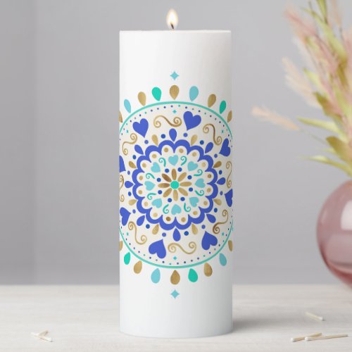 Summer Blue Gold Heart Mandala Pillar Candle