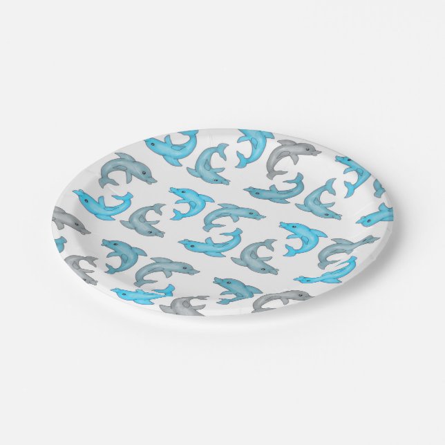 Summer Blue Gray Cute Dolphins Illustrations Paper Plates (Angled)