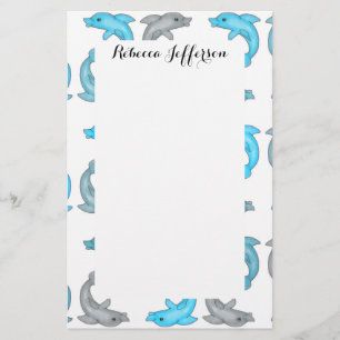 Summer Blue Gray Cute Dolphins Illustrations Stationery