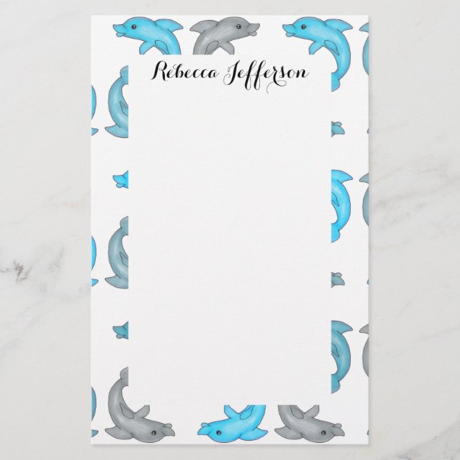 Summer Blue Gray Cute Dolphins Illustrations Stationery (Front)
