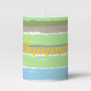 Summer Blue Gray Green Watercolor Stripes Pillar Candle
