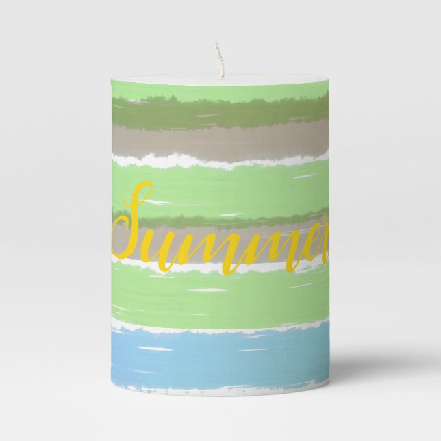 Summer Blue Gray Green Watercolor Stripes Pillar Candle (Front)