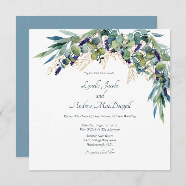 Summer Blue Green Watercolor Floral Wedding Invita Invitation (Front/Back)