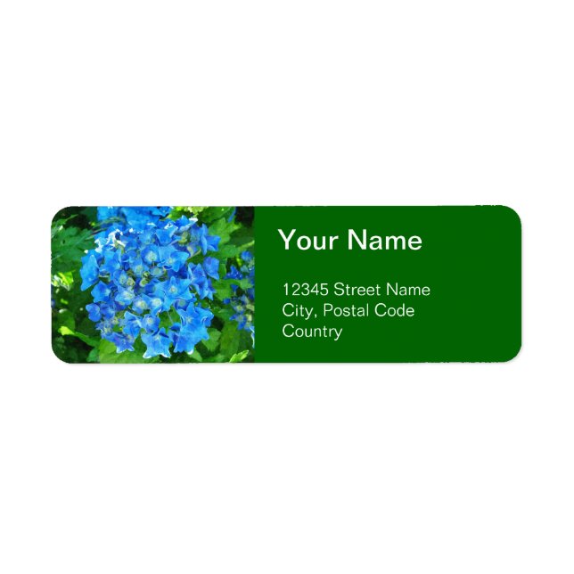summer blue hydrangea flowers and its green leaves label (Front)