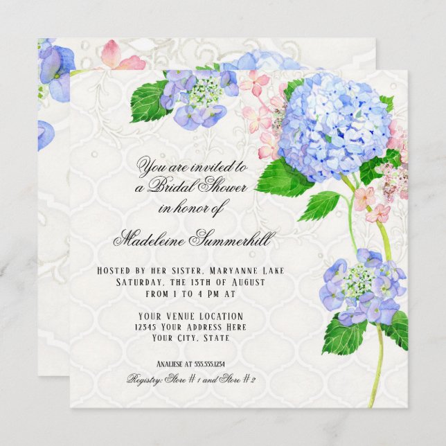 Summer Blue Hydrangea Watercolor Bridal Shower Invitation (Front/Back)
