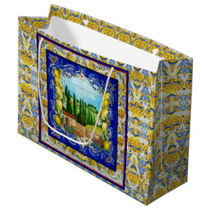 Summer Blue Italian Majolica Citrus Lemon Large Gift Bag