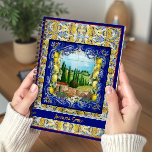 Summer Blue Italian Majolica Tiles Citrus Monogram Notebook