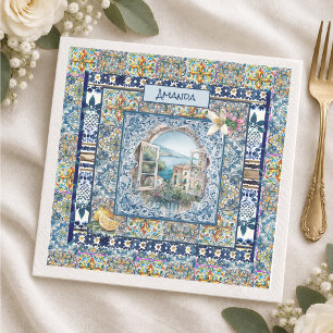 Summer Blue Italian Tile Citrus Monogram Napkins