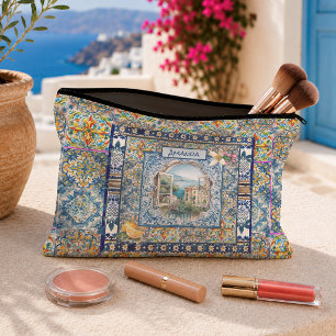 Summer Blue Italian Tile Floral Citrus Monogram Accessory Pouch