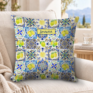 Summer Blue Mediterranean Sicilian Citrus Pattern Throw Pillow