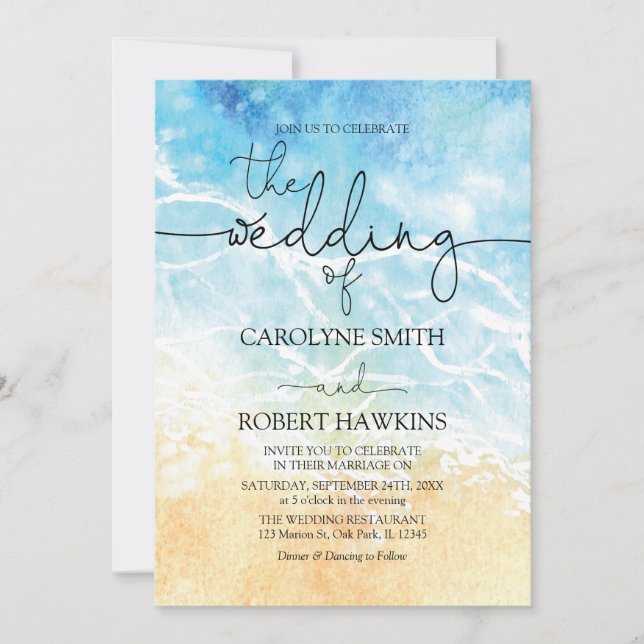Summer Blue Ocean Beach Watercolor Wedding Invitation (Front)