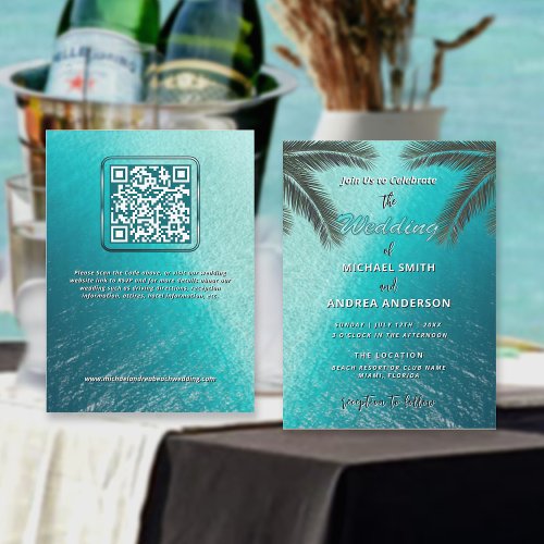 Summer Blue Ocean Palm Trees Beach Wedding QR Code Invitation