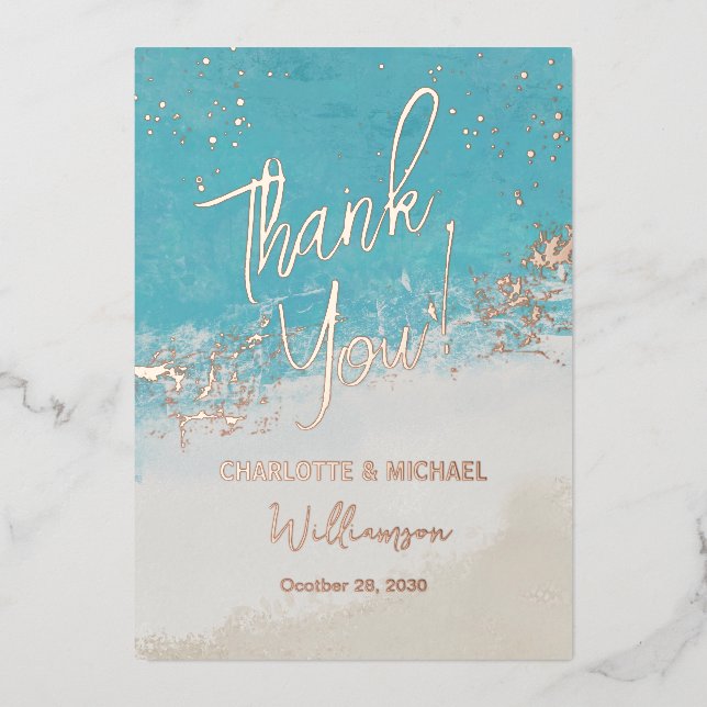 Summer Blue Ocean Photo Overlay Wedding Thank You Foil Invitation (Front)
