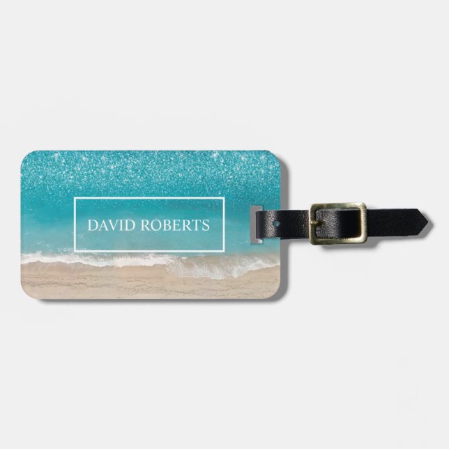 Summer Blue Ocean & Sandy Beach Photography Luggage Tag (Front Horizontal)