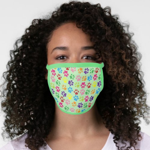 Summer Blue Pink Dog Paws On Light Lime Green Face Mask