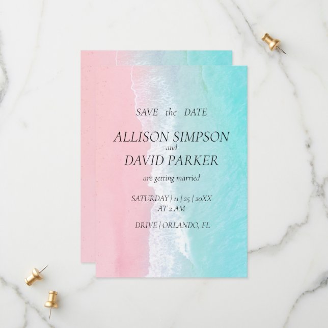 Summer Blue, Pink Ocean Beach Save The Date Card (Front/Back In Situ)